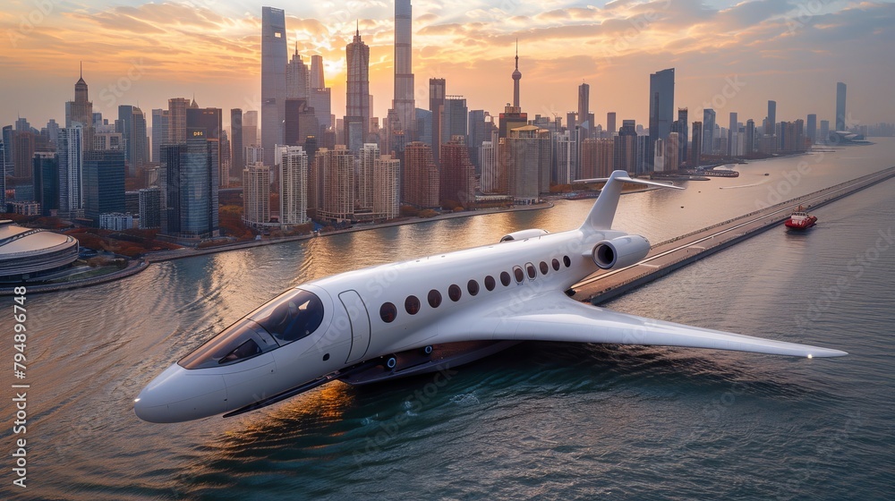 Render a scene of a futuristic seaplane taxiing along a floating runway ...