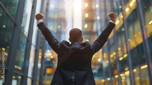 Businessman raising arms in victory after meeting a milestone