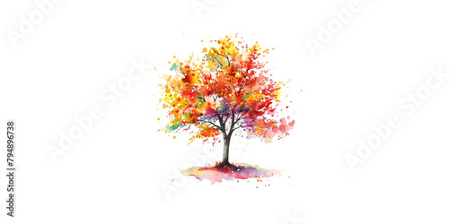 A beautiful watercolor painting of an autumn tree with vibrant red, orange and yellow leaves, standing alone on the ground in front of it is water that reflects its colors. The artwork captures the be