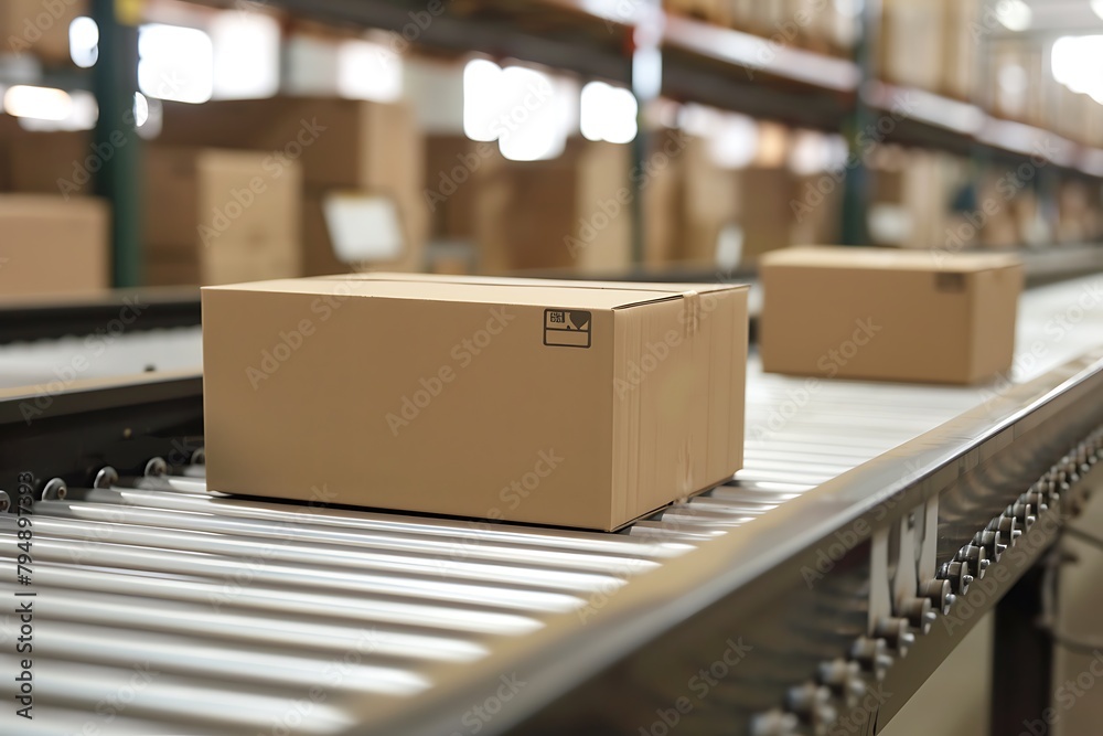 Blank packages conveyor belt on the warehouse. Blank packages conveyor belt on the warehouse.