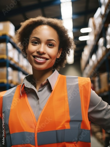 A woman wearing an orange safety vest is smiling and posing for a photo