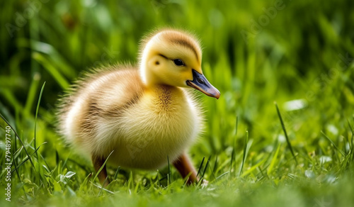 A fluffy baby duckling waddling after its mother in a grassy meadow.