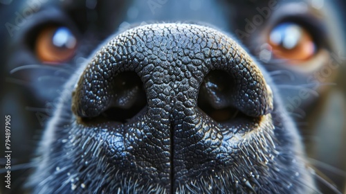  A tight shot of a black dog's nose, eyes wide and gaze fixed on the camera