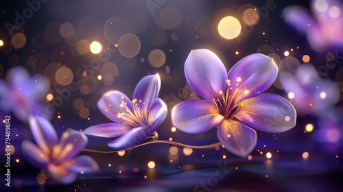  A purple flower in sharp focus against a black backdrop, surrounded by softly blurred lights in the distance