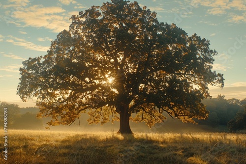 A towering oak tree stands tall  with golden sunlight filtering through its branches.