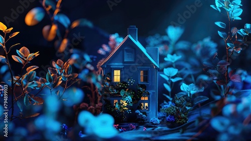 3D Illustration Background with House, Plants and Geometric Shapes. photo