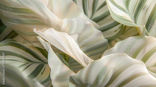 the intricate details of Calathea White Fusion leaves up close, their unique variegation and texture highlighted by soft diffused lighting, photo