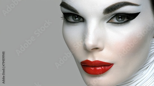   A tight shot of a woman s face  her visage enhanced by intricate black-and-white makeup and bold red lipstick