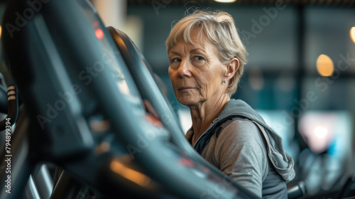 An elderly woman is sitting on a treadmill in a gym, with her hair tied up in a bun. She looks at her reflection in the automotive mirror, thinking about her family car parked outside