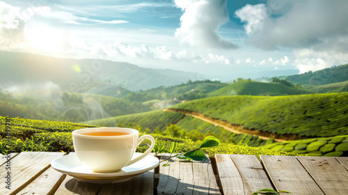 A cup of fresh green tea against the backdrop of a tea plantation on a sunny day with space for text