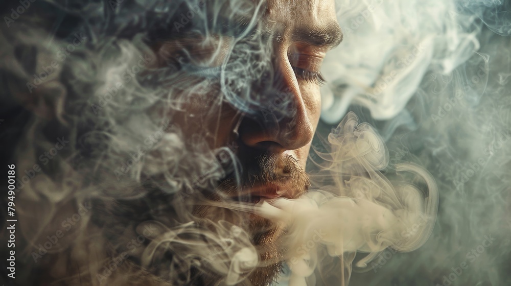Close-up of a man's face obscured by swirling smoke