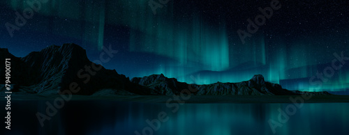 Green Aurora Borealis over Rugged Terrain. Magical Northern Lights Background with copy-space. photo