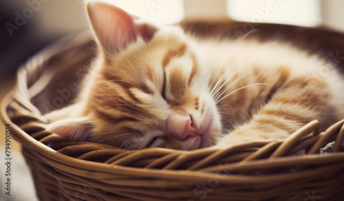 A fluffy kitten curled up asleep in a cozy basket lined with soft blankets.