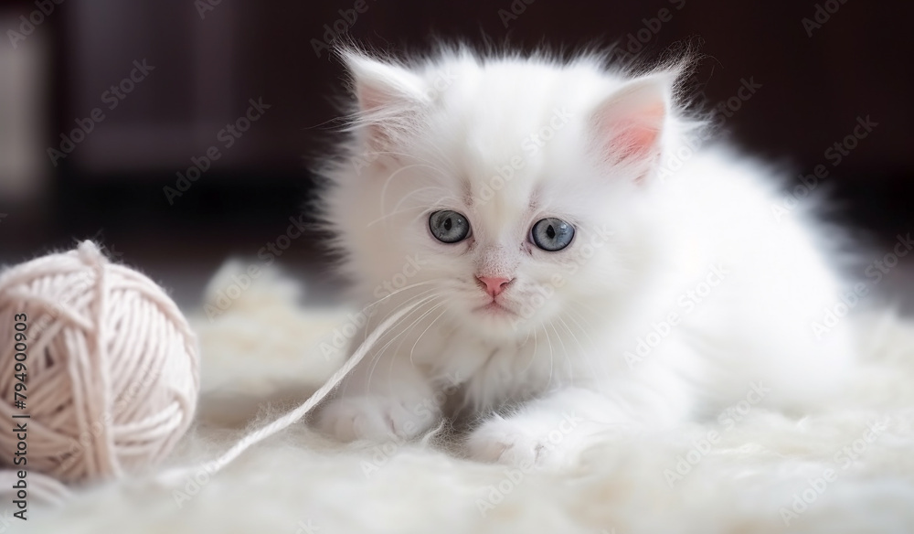 A fluffy white kitten playing with a ball of yarn on a soft rug.