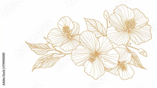 Fototapeta Naklejka Na Ścianę i Meble -  Golden line art of flowers on white background,wedding invitation cards or greeting cards design.