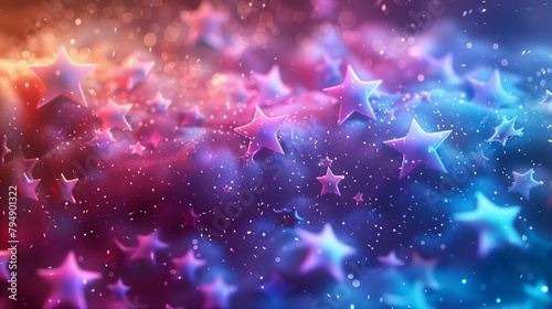 Colorful glowing neon stars flying in space with pink and blue nebula cloud background.