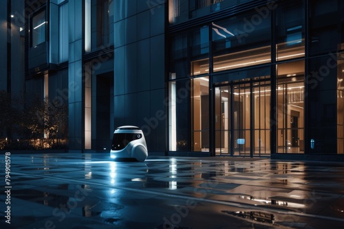 A sleek robot patrolling a glossy modern corporate plaza at night photo