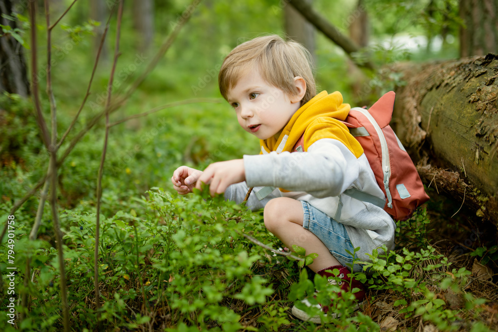Cute little boy with a backpack having fun outdoors on sunny summer day. Child exploring nature. Kid going on a trip. Cute little boy with a backpack having fun outdoors on sunny summer day. Child exploring nature. Kid going on a trip.