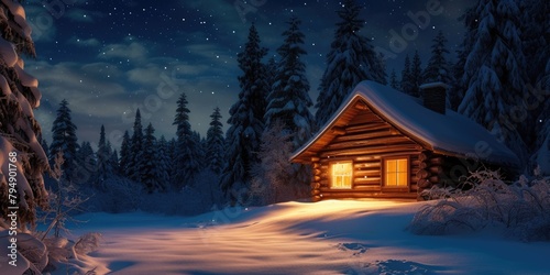 A lone log cabin radiates warmth with its glowing windows against the twilight of a tranquil, snow-covered forest landscape. Resplendent. © Summit Art Creations