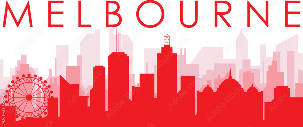 Red panoramic city skyline poster with reddish misty transparent background buildings of MELBOURNE, AUSTRALIA