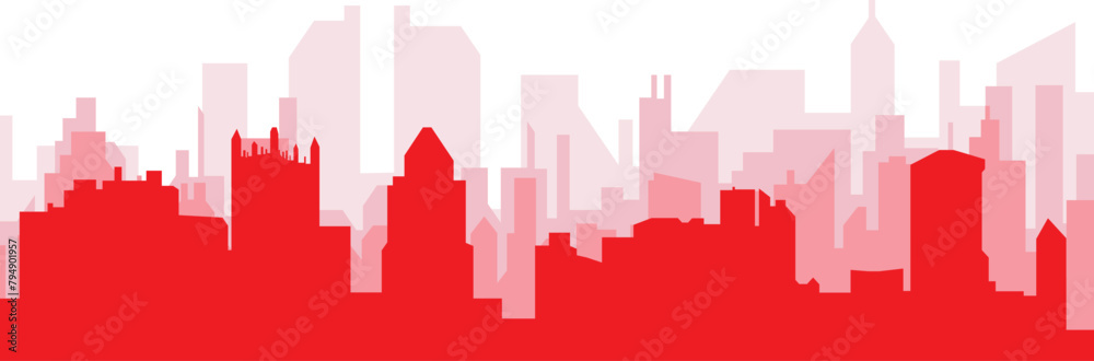 Red panoramic city skyline poster with reddish misty transparent background buildings of PITTSBURGH, UNITED STATES