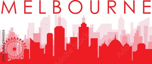 Red panoramic city skyline poster with reddish misty transparent background buildings of MELBOURNE  AUSTRALIA