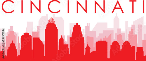 Red panoramic city skyline poster with reddish misty transparent background buildings of CINCINNATI, UNITED STATES