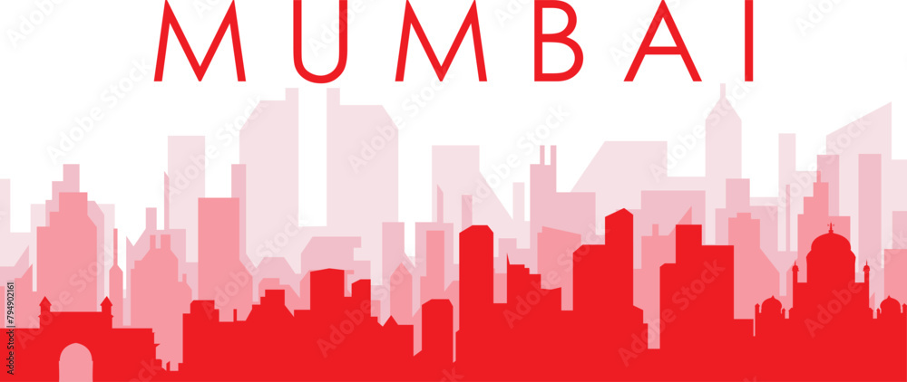 Red panoramic city skyline poster with reddish misty transparent background buildings of MUMBAI, INDIA