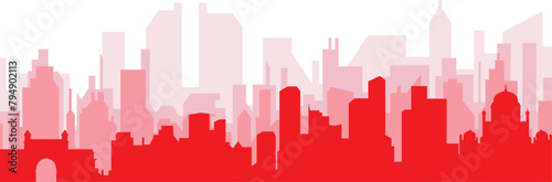Red panoramic city skyline poster with reddish misty transparent background buildings of MUMBAI, INDIA