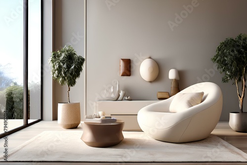 Cream snuggle chair creating a focal point of a modern style living room , stucco wall adds texture and visual interest to the space, the room fostering a relaxed yet fresh and modern atmosphere. photo