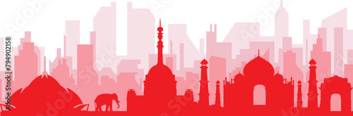 Red panoramic city skyline poster with reddish misty transparent background buildings of NEW DELHI, INDIA