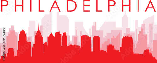 Red panoramic city skyline poster with reddish misty transparent background buildings of NEW DELHI, INDIA
