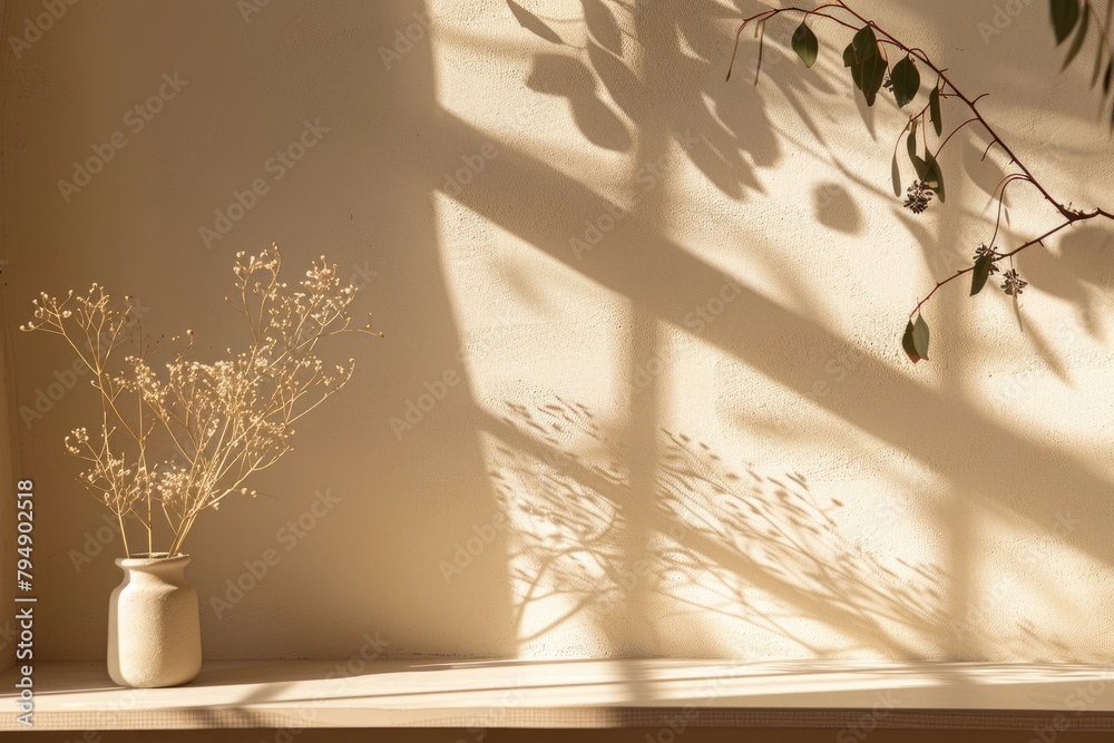 A white vase containing a plant placed on a shelf against a beige backdrop, showcasing the play of light and shadow