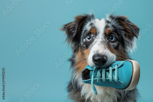 Dog with shoe in its mouth. Australian Shepherd Puppy chewing sneakers on blue color background. Happy dog eating, bite a sneaker playing, destroying it. Playful pet. Training of funny naughty dog