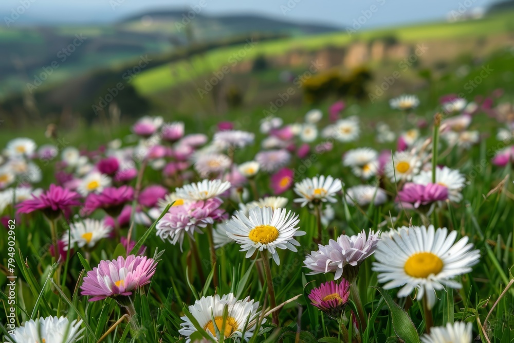 A field abundant with white and pink flowers blooming in the grass A field abundant with white and pink flowers blooming in the grass
