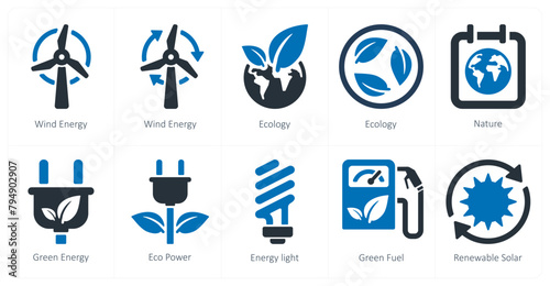 A set of 10 Ecology icons as wind energy, ecology, nature