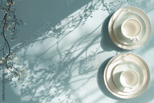 Two elegant white cups and saucers neatly arranged on a wooden table