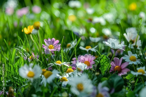 Numerous vibrant spring flowers  including daisies  surrounded by lush green grass in a meadow