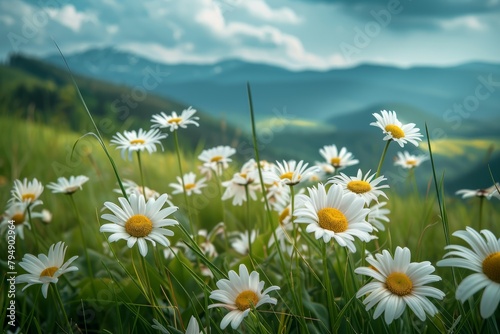 A field of daisies blooming amidst grass  with majestic mountains in the background