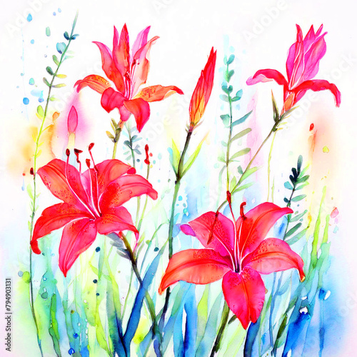colourful bloomy vibrant watercolour oil painting splash colour of crocosmia flowers