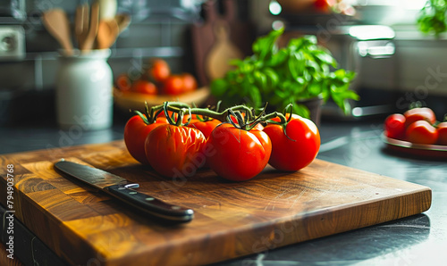 Fresh Tomatoes, Knife on Cutting Board, Modern Kitchen Interior - Healthy Cooking, Food Prep photo