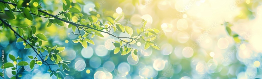 Obraz premium Blurred spring background with blue sky and green trees