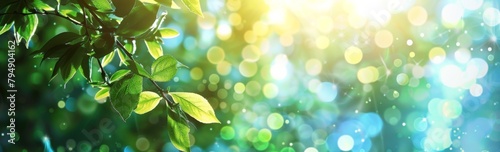 Blurred spring background with blue sky and green trees photo