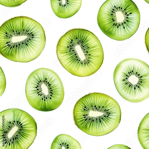 Watercolor seamless pattern with fresh kiwi slices isolated on white background.