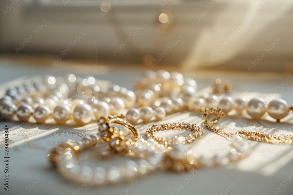 A close-up shot of a cluster of pearls arranged elegantly on a light-colored surface A close-up shot of a cluster of pearls arranged elegantly on a light-colored surface