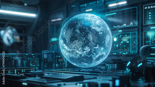 Futuristic lab with hologram globe of moon, ample text space, background pure, advanced