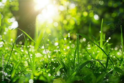 Close-up of lush green grass with sun shining in the background, creating a bright and vibrant scene with glistening dew drops