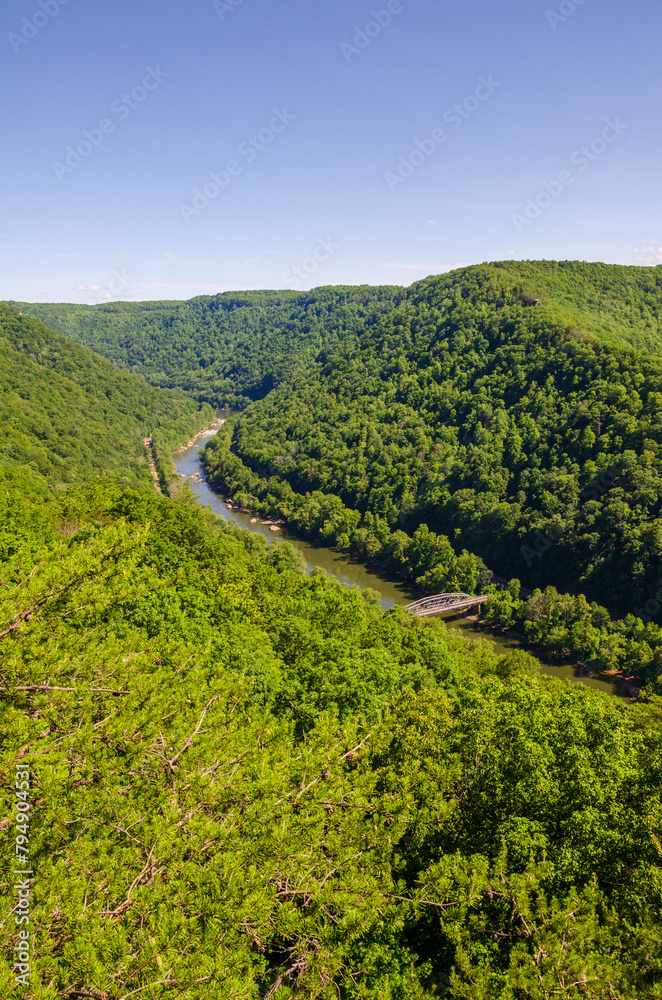 An Overlook at the Winding New River at New River Gorge National Park and Preserve in southern West Virginia in the Appalachian Mountains