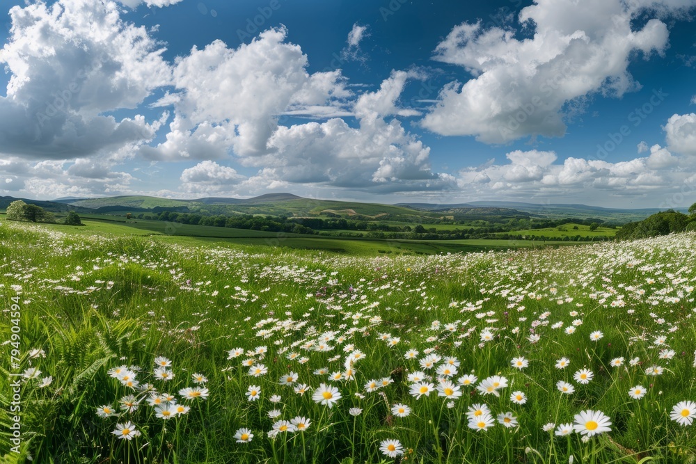 A field filled with white daisies blooming under a cloudy blue sky