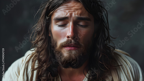 Sorrowful Savior Jesus in Pastel Backdrop, Pastel Grief Depiction of Sorrowful Jesus, Mournful Messiah Jesus Against a Pastel Background, Pastel Sorrow Depiction of Jesus in Grief